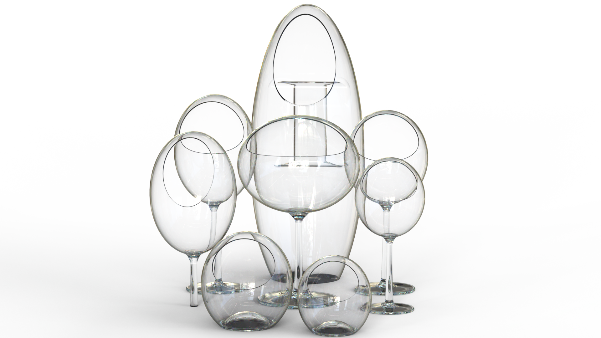 Producto Mobotech Design S.L conjunto de copas de cristal con la apertura lateral. Ejemplo de ingeniería y desarrollo de producto