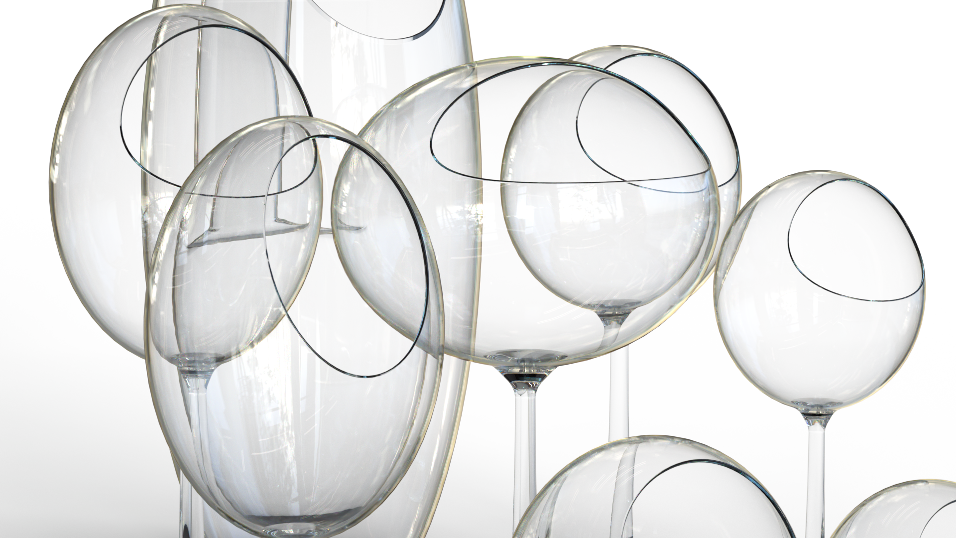 Producto Mobotech Design S.L conjunto de copas de cristal con la apertura lateral. Ejemplo de ingeniería y desarrollo de producto